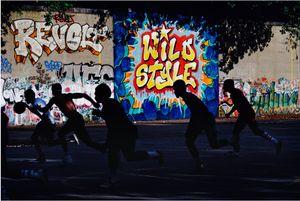 Wild Style wall painted by Revolt and Sharp for Charlie Ahearn's movie "Wild Style," Riverside Park, Manhattan, NYC, 1983 © Martha Cooper